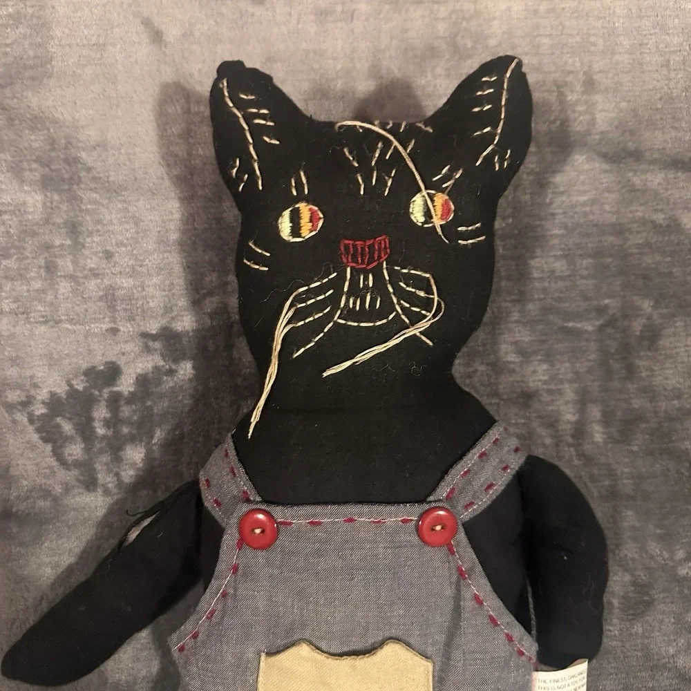 Pair of Y2K Folk Art Black Cat Cloth Dolls | Primitive Farmhouse Handmade Style